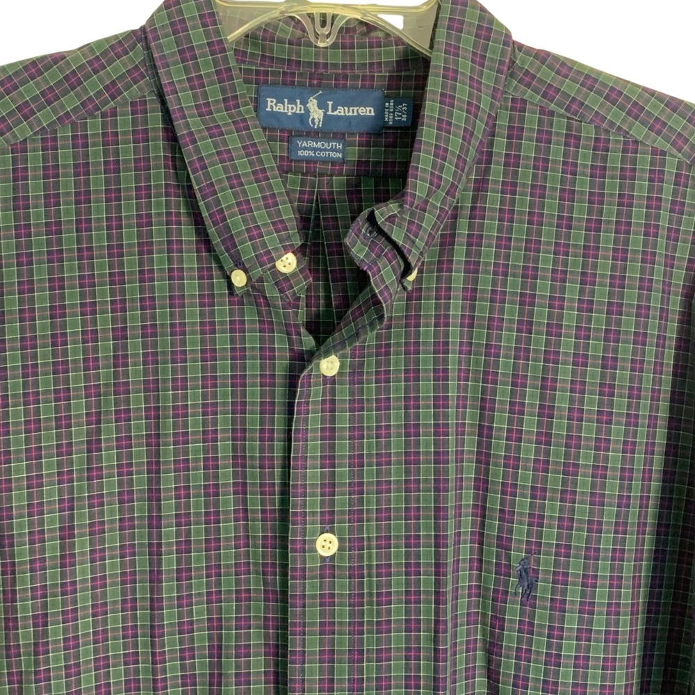 Ralph‎ Lauren 17.5 36/37 Yarmouth Shirt Green Purple Plaid Button Down Cotton